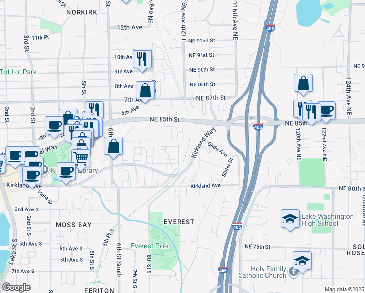 map of restaurants, bars, coffee shops, grocery stores, and more near 8423 114th Avenue Northeast in Kirkland