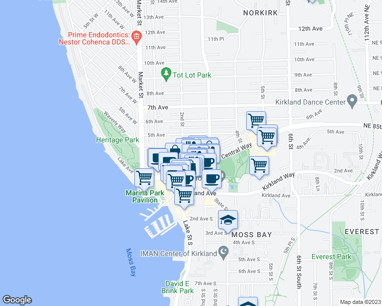 map of restaurants, bars, coffee shops, grocery stores, and more near 2222 2nd Place in Kirkland