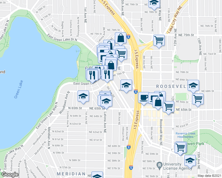map of restaurants, bars, coffee shops, grocery stores, and more near 6571 5th Avenue Northeast in Seattle