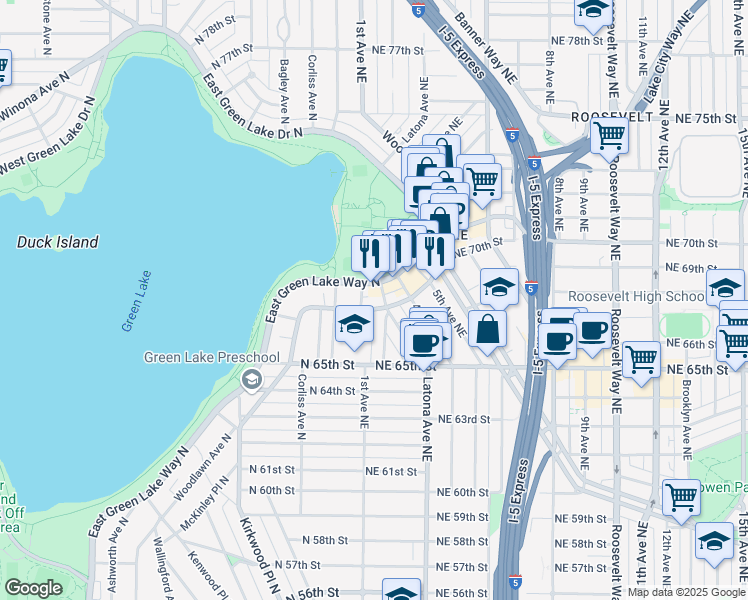 map of restaurants, bars, coffee shops, grocery stores, and more near 6805 Woodlawn Avenue Northeast in Seattle