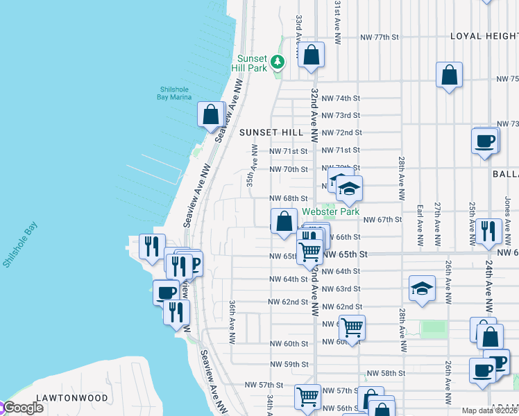 map of restaurants, bars, coffee shops, grocery stores, and more near 6717 34th Avenue Northwest in Seattle