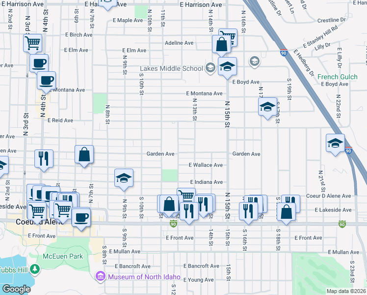 map of restaurants, bars, coffee shops, grocery stores, and more near 1202 East Garden Avenue in Coeur d'Alene