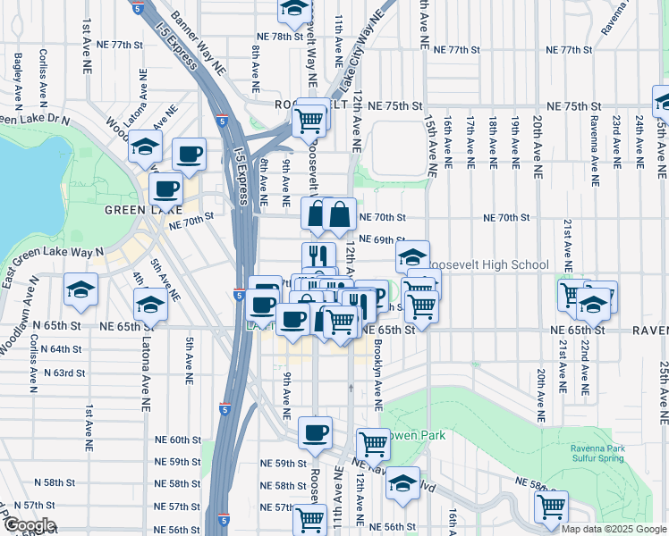 map of restaurants, bars, coffee shops, grocery stores, and more near in Seattle