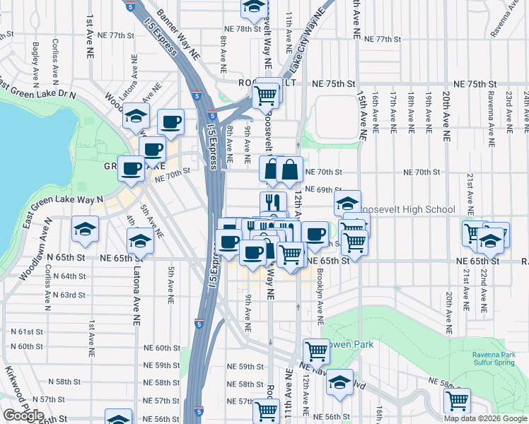 map of restaurants, bars, coffee shops, grocery stores, and more near 858 Northeast 67th Street in Seattle