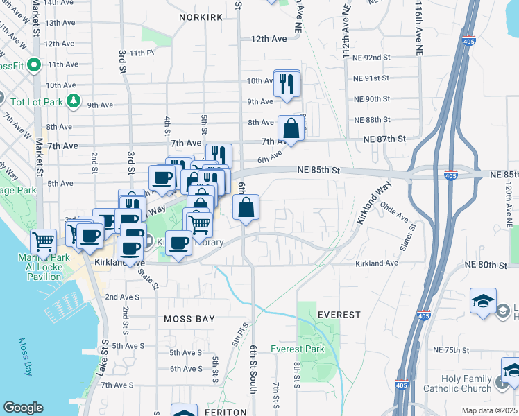 map of restaurants, bars, coffee shops, grocery stores, and more near 625 4th Avenue in Kirkland