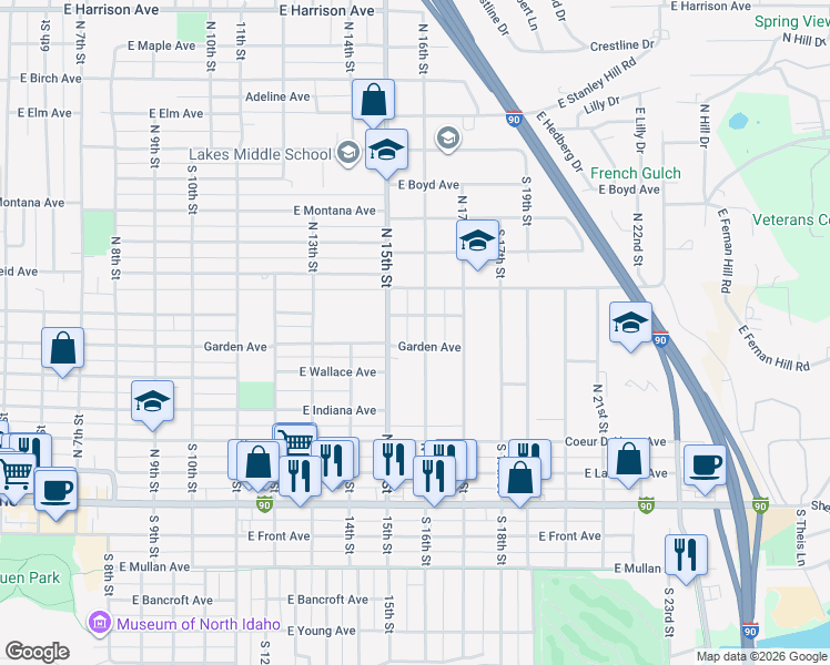 map of restaurants, bars, coffee shops, grocery stores, and more near 1605 East Garden Avenue in Coeur d'Alene