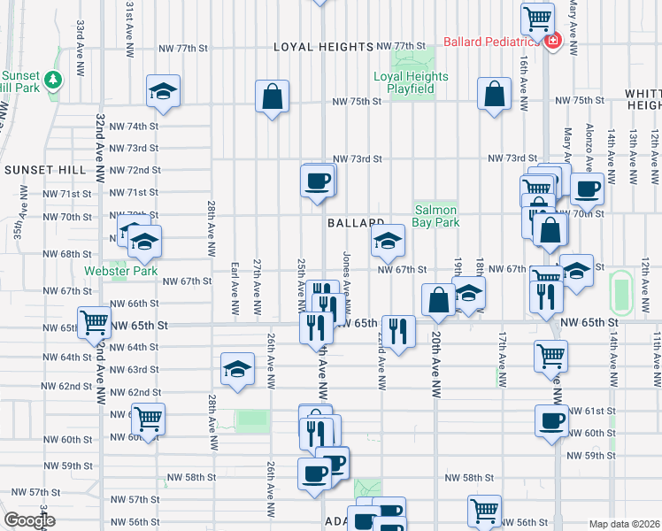 map of restaurants, bars, coffee shops, grocery stores, and more near 6700 24th Avenue Northwest in Seattle