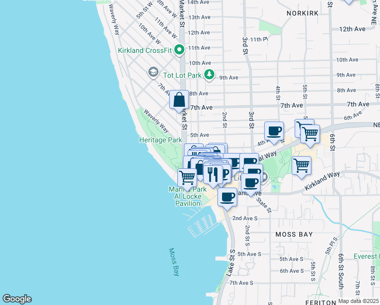 map of restaurants, bars, coffee shops, grocery stores, and more near 15 4th Avenue in Kirkland