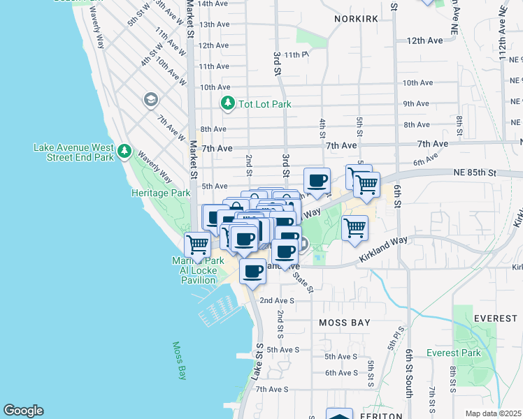 map of restaurants, bars, coffee shops, grocery stores, and more near 225 4th Avenue in Kirkland