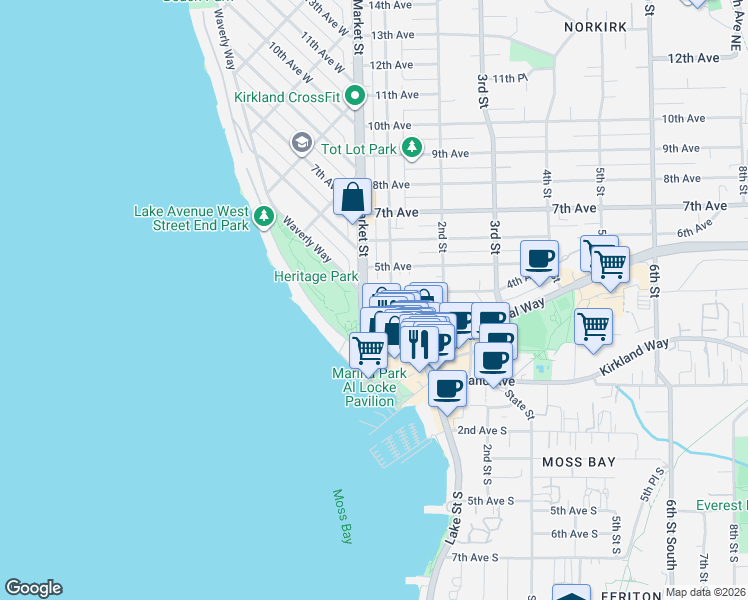 map of restaurants, bars, coffee shops, grocery stores, and more near in Kirkland