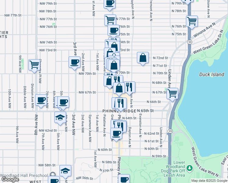 map of restaurants, bars, coffee shops, grocery stores, and more near Greenwood Ave N & N 67th St in Seattle