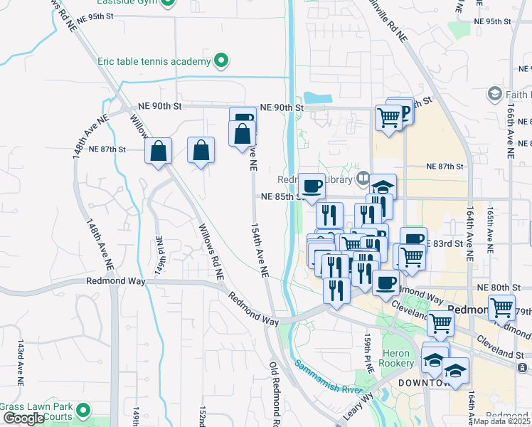 map of restaurants, bars, coffee shops, grocery stores, and more near 8349 154th Avenue Northeast in Redmond