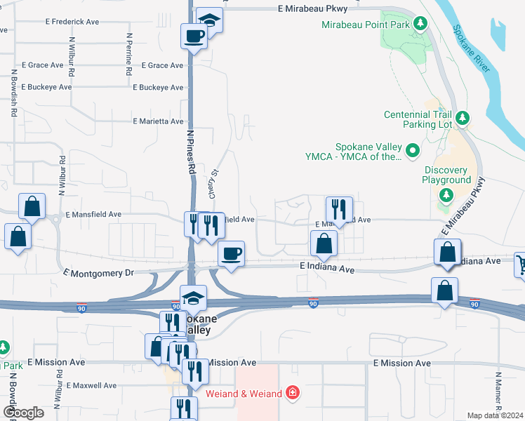 map of restaurants, bars, coffee shops, grocery stores, and more near 2206 North Houk Road in Spokane Valley