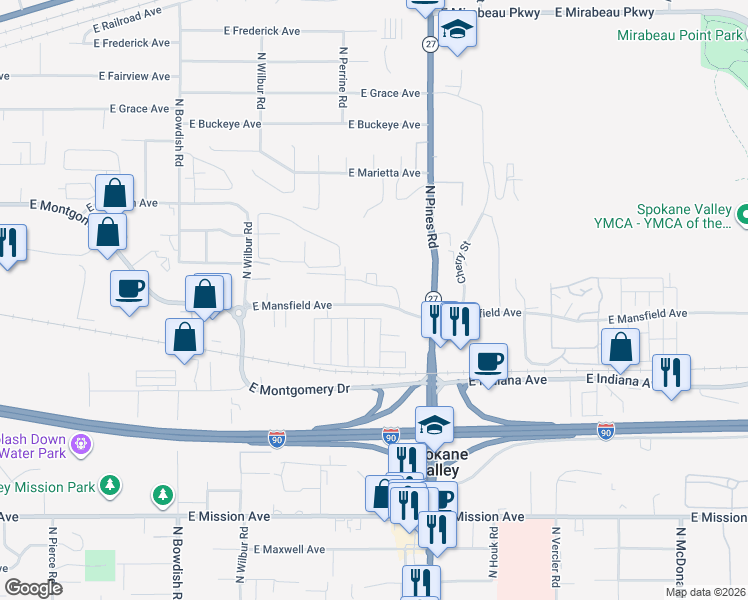 map of restaurants, bars, coffee shops, grocery stores, and more near 12111 East Mansfield Avenue in Spokane Valley