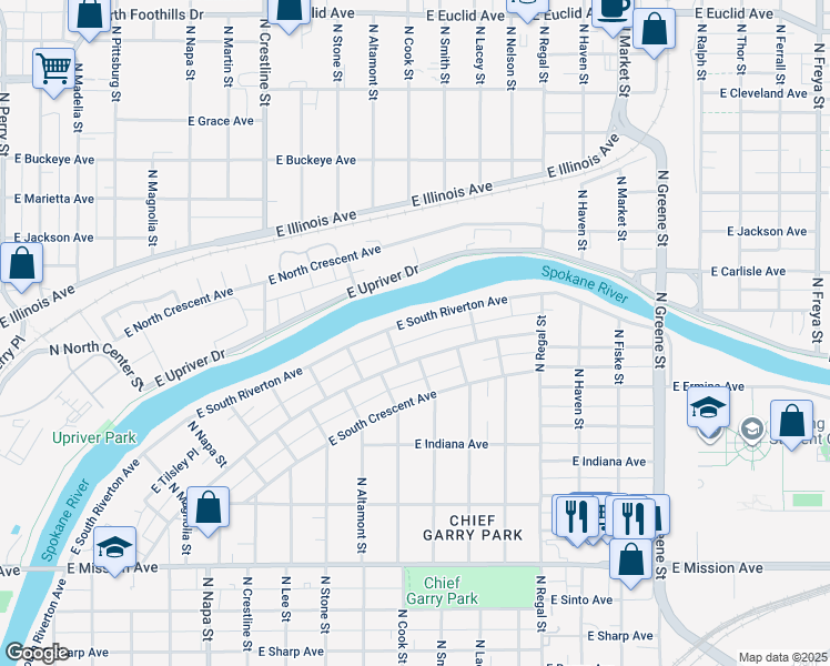 map of restaurants, bars, coffee shops, grocery stores, and more near 2507 East Marshall Avenue in Spokane