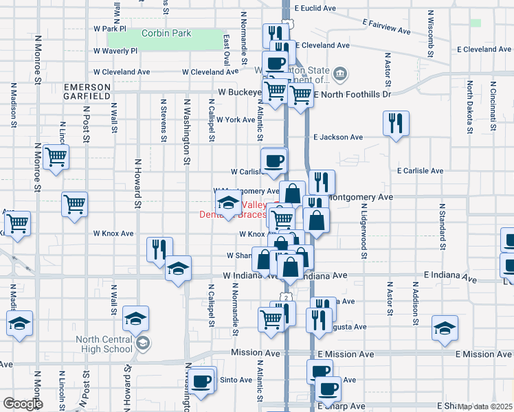 map of restaurants, bars, coffee shops, grocery stores, and more near 2126 North Atlantic Street in Spokane