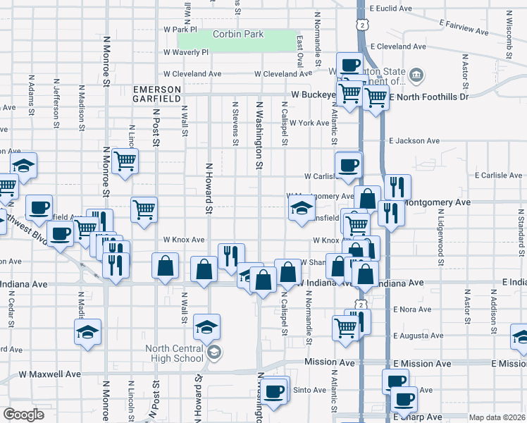 map of restaurants, bars, coffee shops, grocery stores, and more near 323 West Mansfield Avenue in Spokane