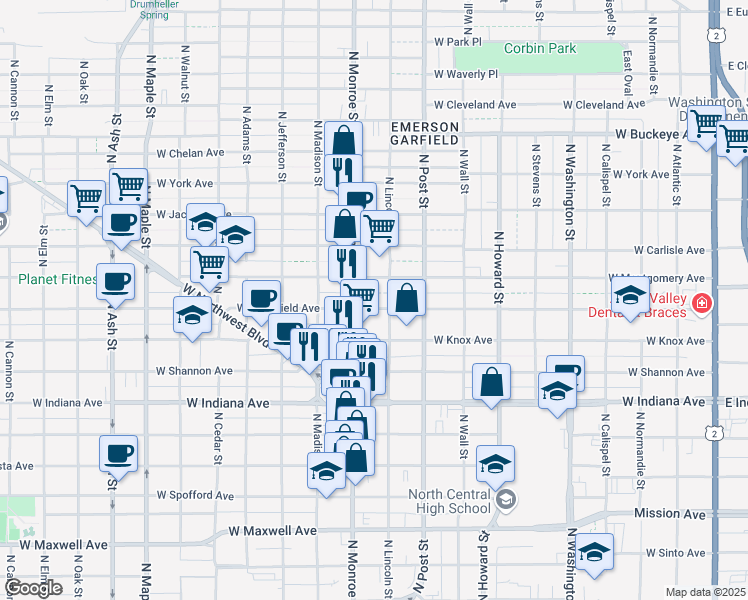 map of restaurants, bars, coffee shops, grocery stores, and more near 917 West Mansfield Avenue in Spokane