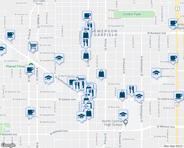 map of restaurants, bars, coffee shops, grocery stores, and more near 917 West Mansfield Avenue in Spokane