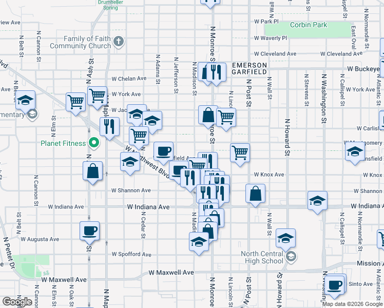 map of restaurants, bars, coffee shops, grocery stores, and more near 1115 West Mansfield Avenue in Spokane