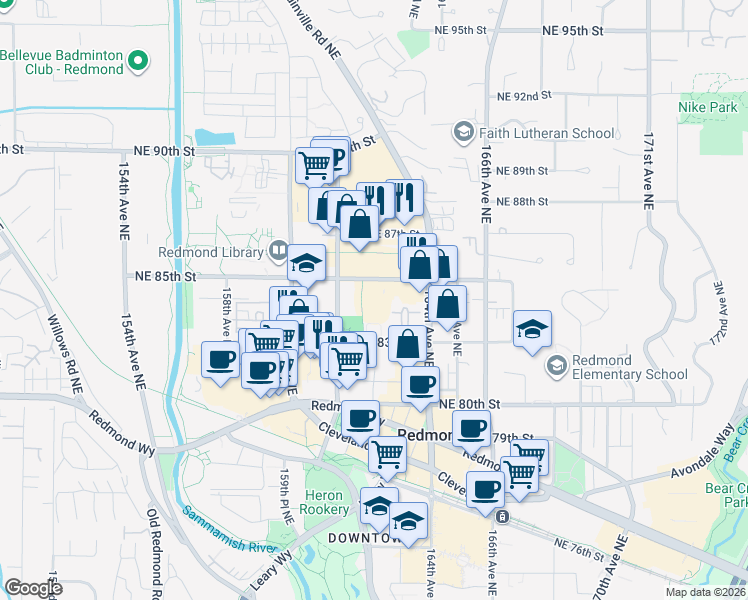 map of restaurants, bars, coffee shops, grocery stores, and more near in Redmond