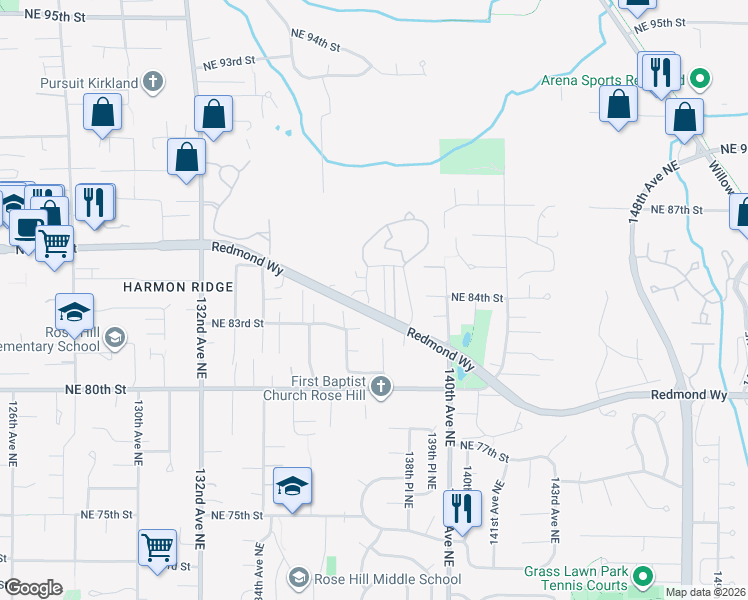 map of restaurants, bars, coffee shops, grocery stores, and more near 13708 Northeast 83rd Street in Redmond