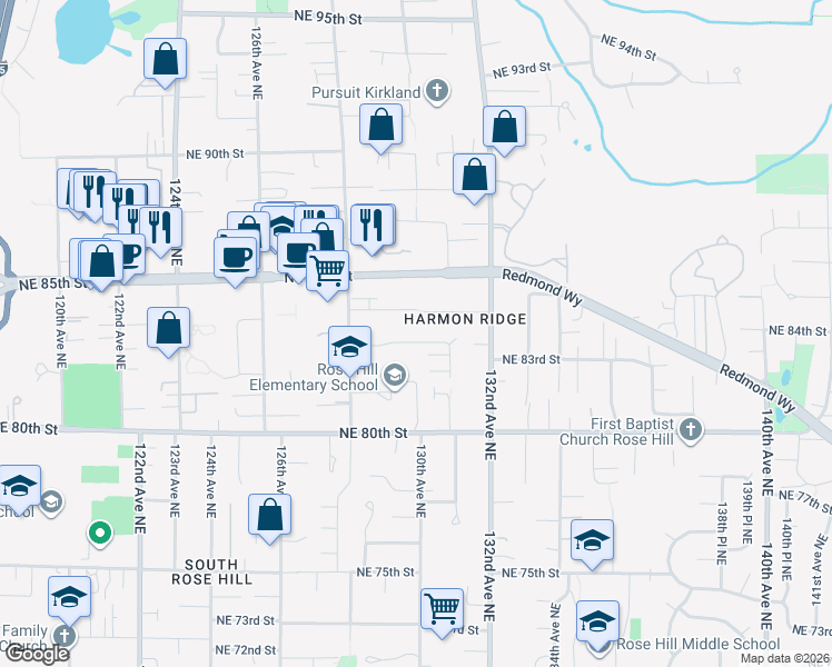 map of restaurants, bars, coffee shops, grocery stores, and more near 12845 Northeast 83rd Street in Kirkland