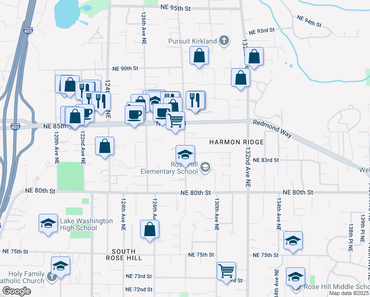 map of restaurants, bars, coffee shops, grocery stores, and more near 12805 Northeast 83rd Street in Kirkland