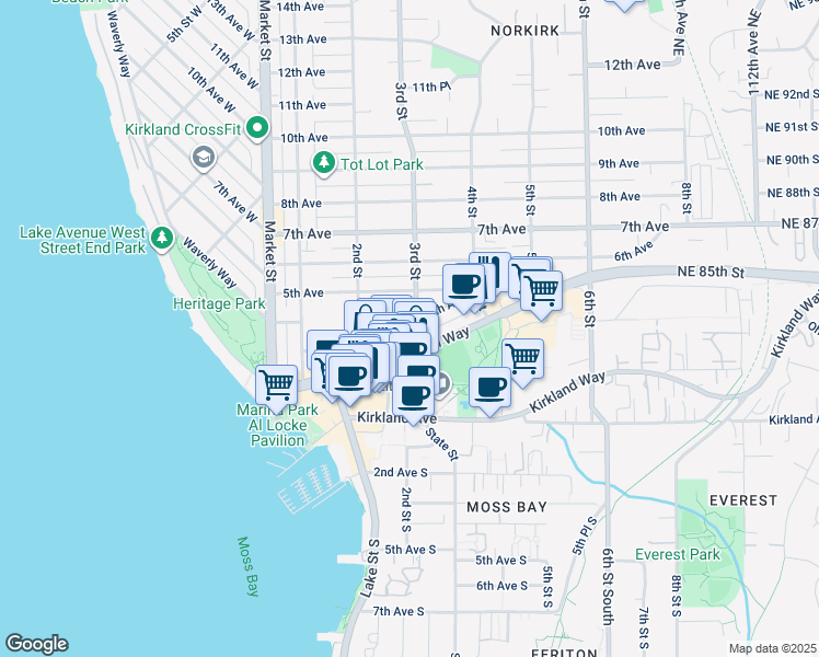 map of restaurants, bars, coffee shops, grocery stores, and more near 298 Central Way in Kirkland