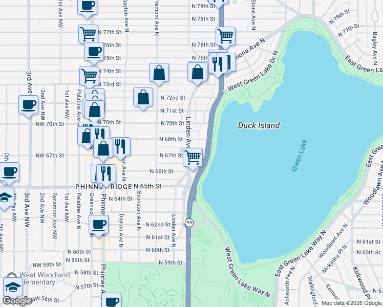 map of restaurants, bars, coffee shops, grocery stores, and more near 6619 Linden Avenue North in Seattle