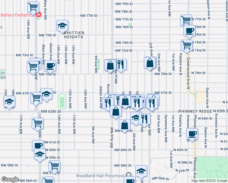 map of restaurants, bars, coffee shops, grocery stores, and more near 6553 Cleopatra Place Northwest in Seattle