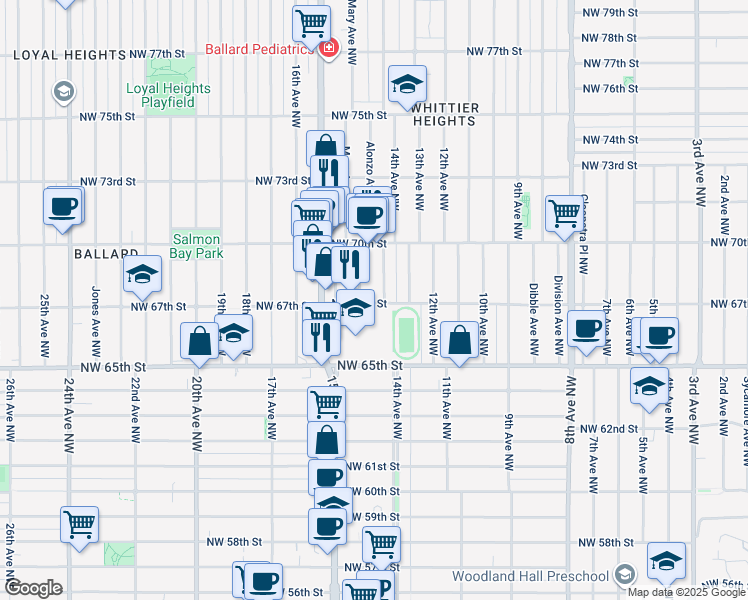 map of restaurants, bars, coffee shops, grocery stores, and more near 1419 Northwest 67th Street in Seattle
