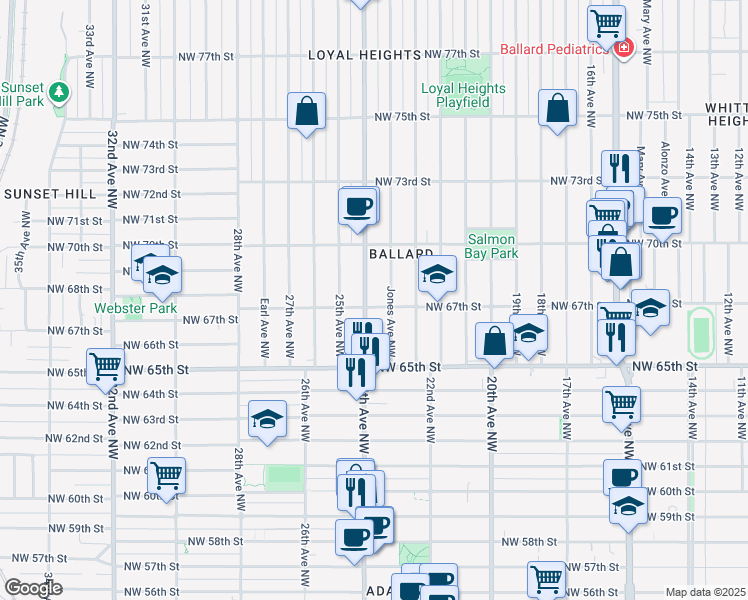 map of restaurants, bars, coffee shops, grocery stores, and more near 6559 Jones Avenue Northwest in Seattle