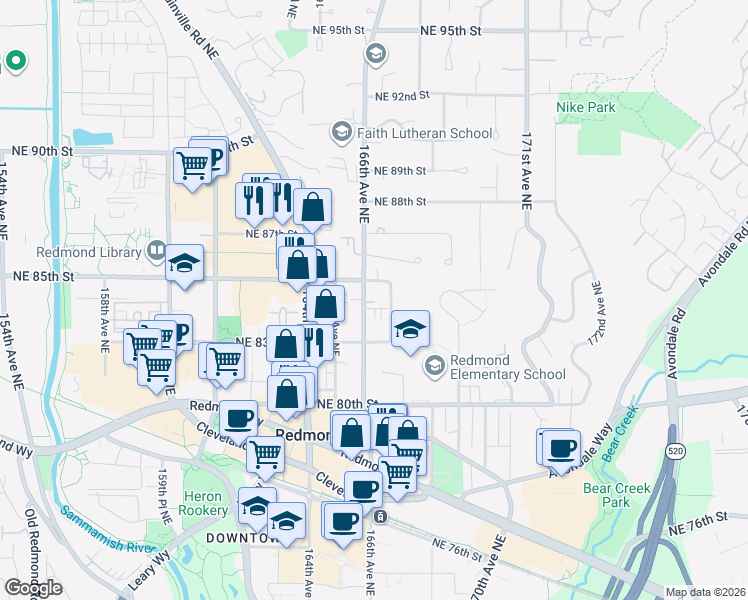 map of restaurants, bars, coffee shops, grocery stores, and more near 8342 167th Avenue Northeast in Redmond