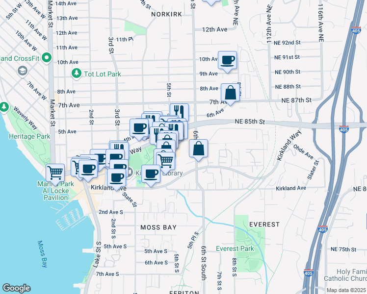 map of restaurants, bars, coffee shops, grocery stores, and more near 401 Parkplace Center in Kirkland