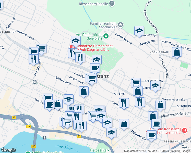 map of restaurants, bars, coffee shops, grocery stores, and more near in Konstanz