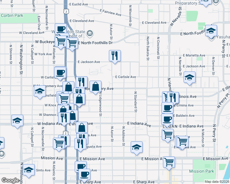 map of restaurants, bars, coffee shops, grocery stores, and more near 327 East Ermina Avenue in Spokane