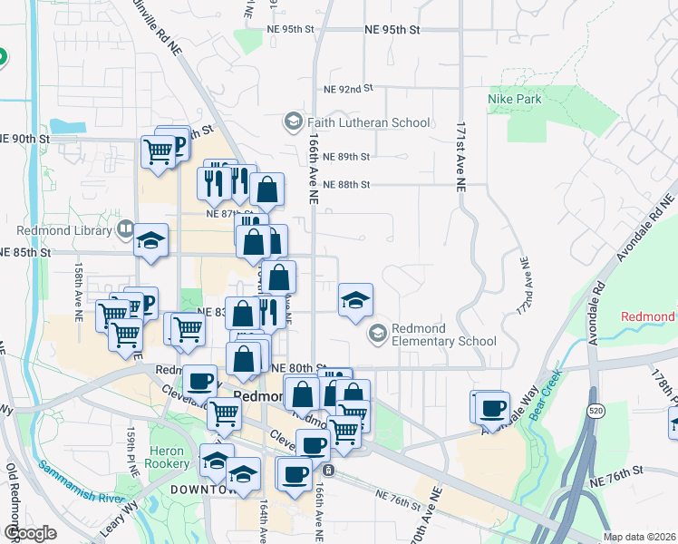 map of restaurants, bars, coffee shops, grocery stores, and more near 8374 167th Avenue Northeast in Redmond