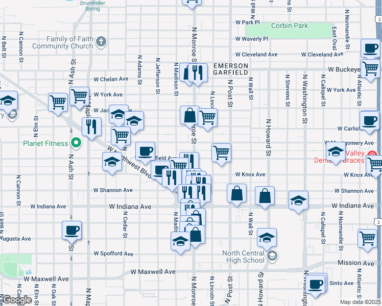 map of restaurants, bars, coffee shops, grocery stores, and more near 1017 West Mansfield Avenue in Spokane