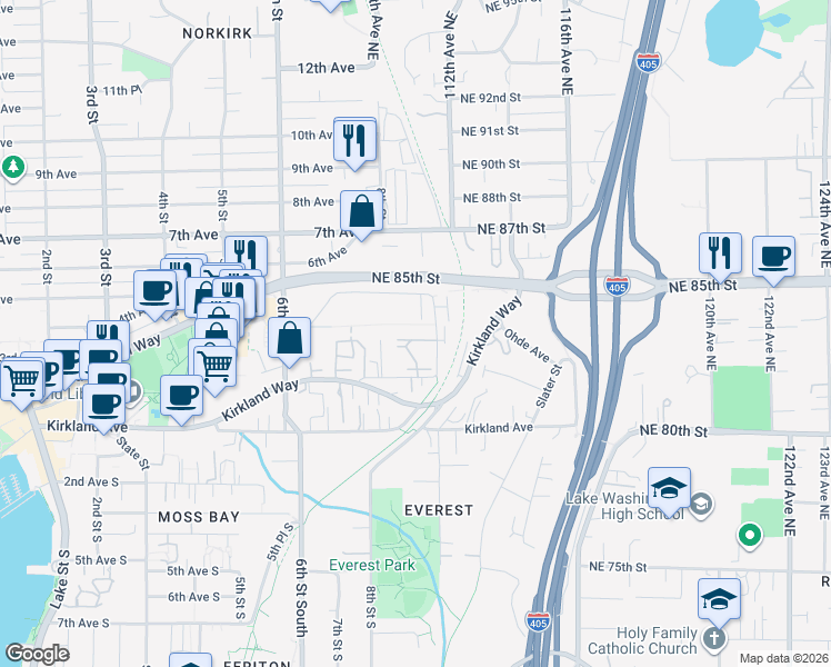 map of restaurants, bars, coffee shops, grocery stores, and more near 929 3rd Avenue in Kirkland