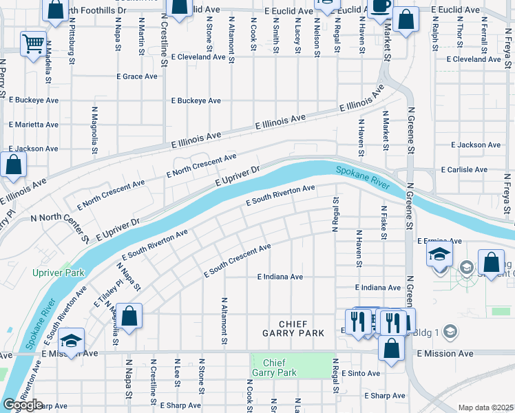 map of restaurants, bars, coffee shops, grocery stores, and more near 2512 East South Riverton Avenue in Spokane