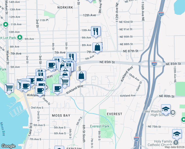 map of restaurants, bars, coffee shops, grocery stores, and more near 716 Kirkland Circle in Kirkland