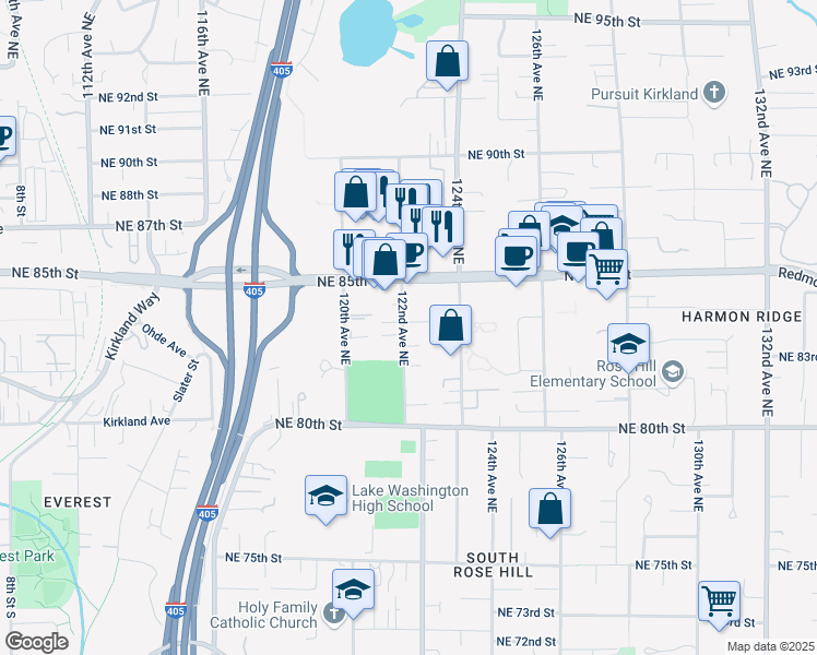map of restaurants, bars, coffee shops, grocery stores, and more near 8216 122nd Avenue Northeast in Kirkland