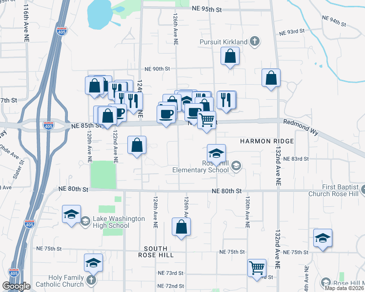 map of restaurants, bars, coffee shops, grocery stores, and more near 8202 126th Avenue Northeast in Kirkland