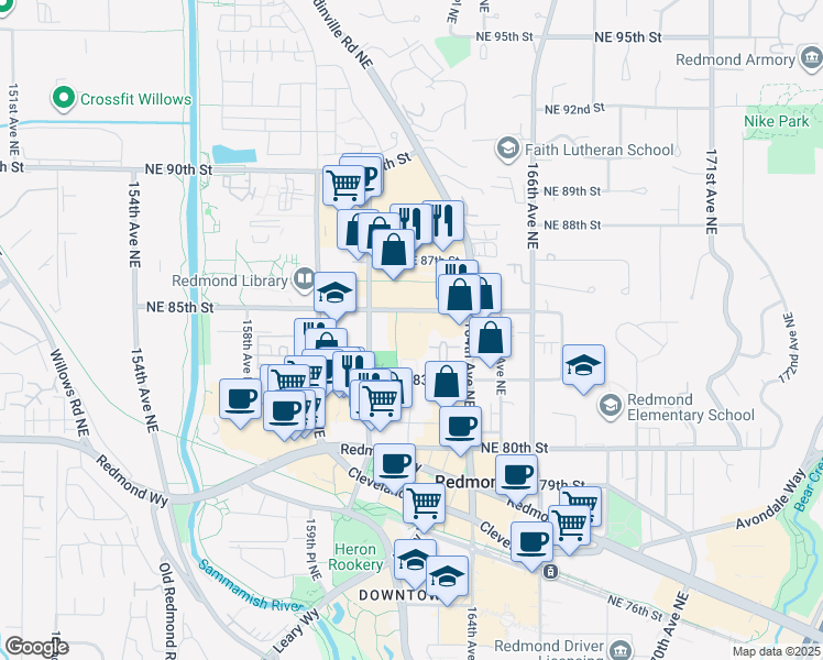 map of restaurants, bars, coffee shops, grocery stores, and more near in Redmond