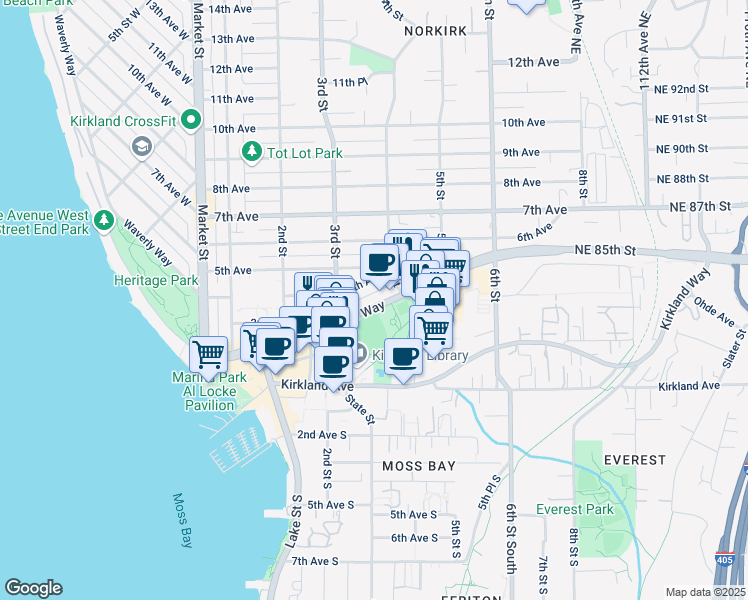 map of restaurants, bars, coffee shops, grocery stores, and more near 202 3rd Street in Kirkland