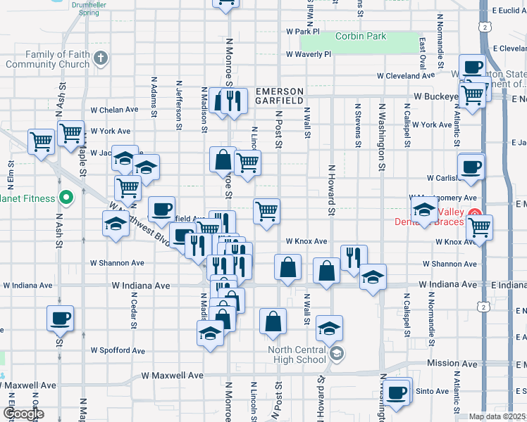 map of restaurants, bars, coffee shops, grocery stores, and more near 817 West Mansfield Avenue in Spokane