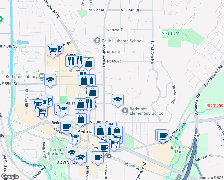 map of restaurants, bars, coffee shops, grocery stores, and more near 8342 167th Avenue Northeast in Redmond