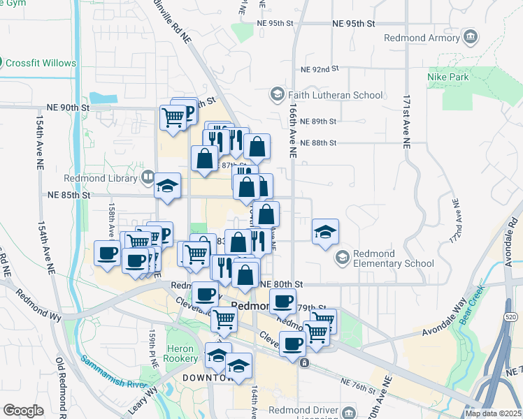 map of restaurants, bars, coffee shops, grocery stores, and more near 8405 165th Avenue Northeast in Redmond