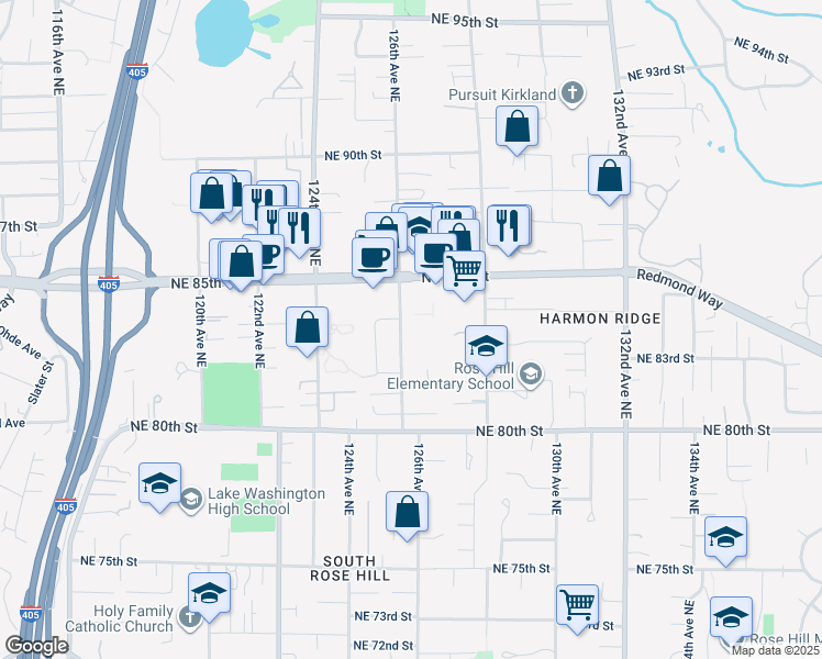map of restaurants, bars, coffee shops, grocery stores, and more near 8202 126th Avenue Northeast in Kirkland
